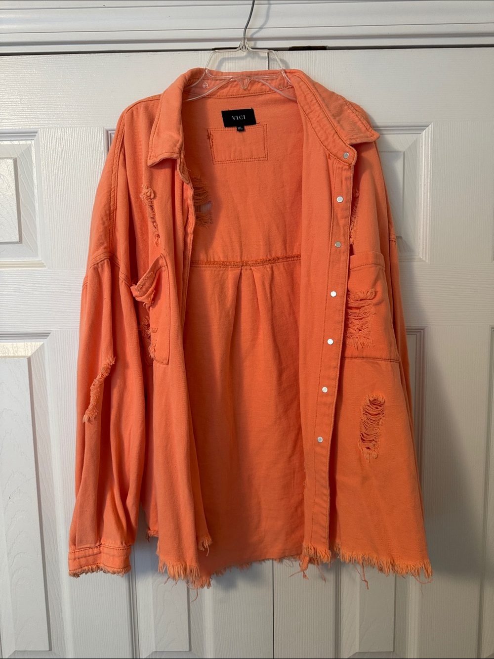 VICI Oversized Distressed Orange Button-Up Jacket